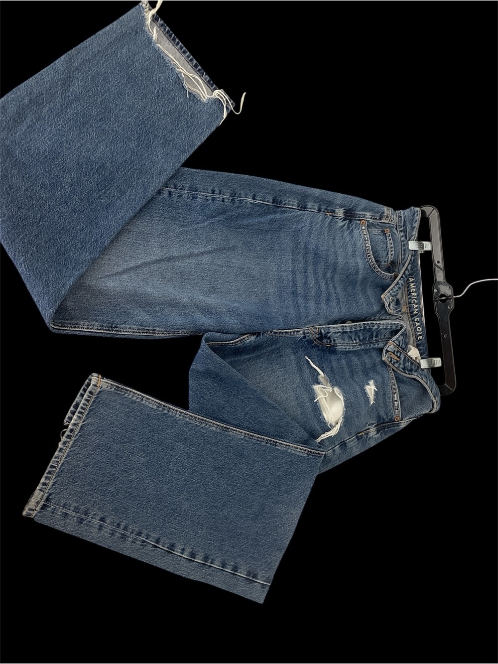 American Eagle Outfitters Dark Blue Flare Jeans with Distressed Knee